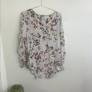 Floral V-Neck Blouse - Gray and Pink